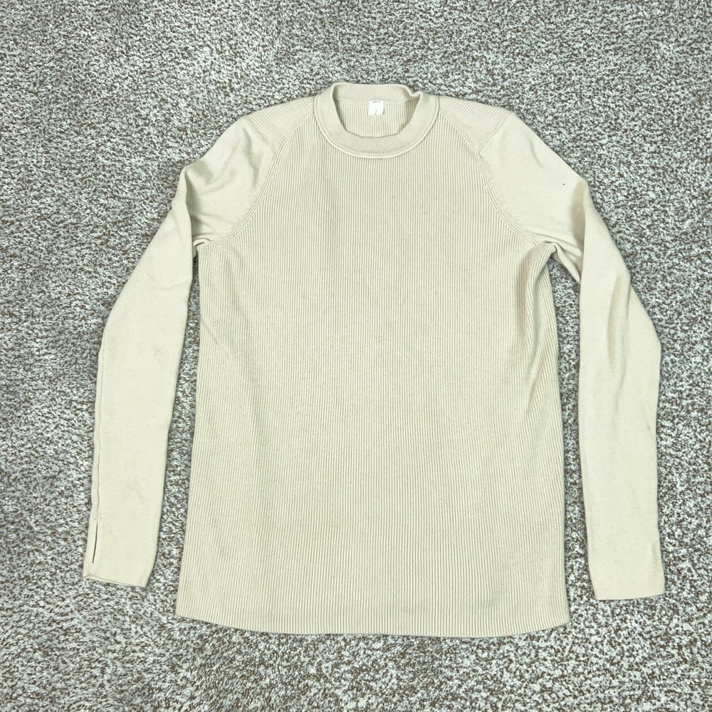Lululemon Sweater Womens Small Beige Ribbed Long Sleeve Crewneck Knit Logo Basic